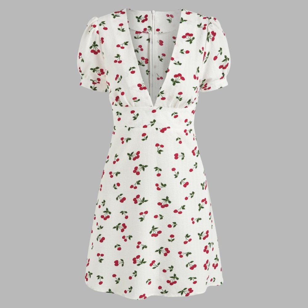 Cherry Print Plunging Mini Dress